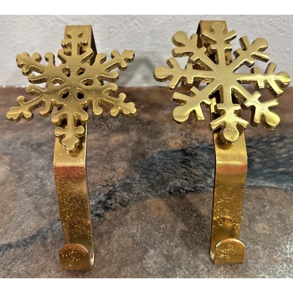 Brass Snowflake Christmas Stocking Holders Mantel Hooks Set of 2 Gold Tone